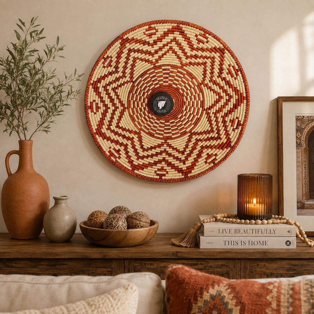 Rust Halo 13" Handwoven Boho Wall Basket, Rust Navy Cream Sunburst Wall Decor, African Wall Basket Bohemian Wall Art Home Decor