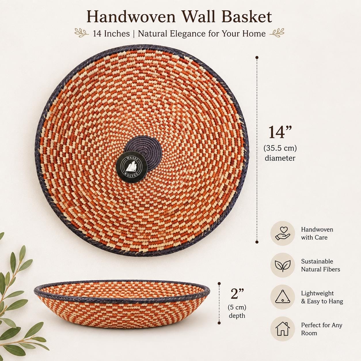 Handwoven African Wall Basket 14 Inch, Terracotta Cream Woven Basket, Boho Wall Decor, Fruit Bowl, Decorative Tray, Rustic Home Decor - Image 2