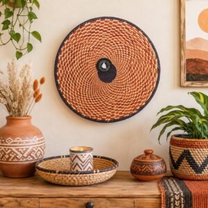 Handwoven African Wall Basket 14 Inch, Terracotta Cream Woven Basket, Boho Wall Decor, Fruit Bowl, Decorative Tray, Rustic Home Decor