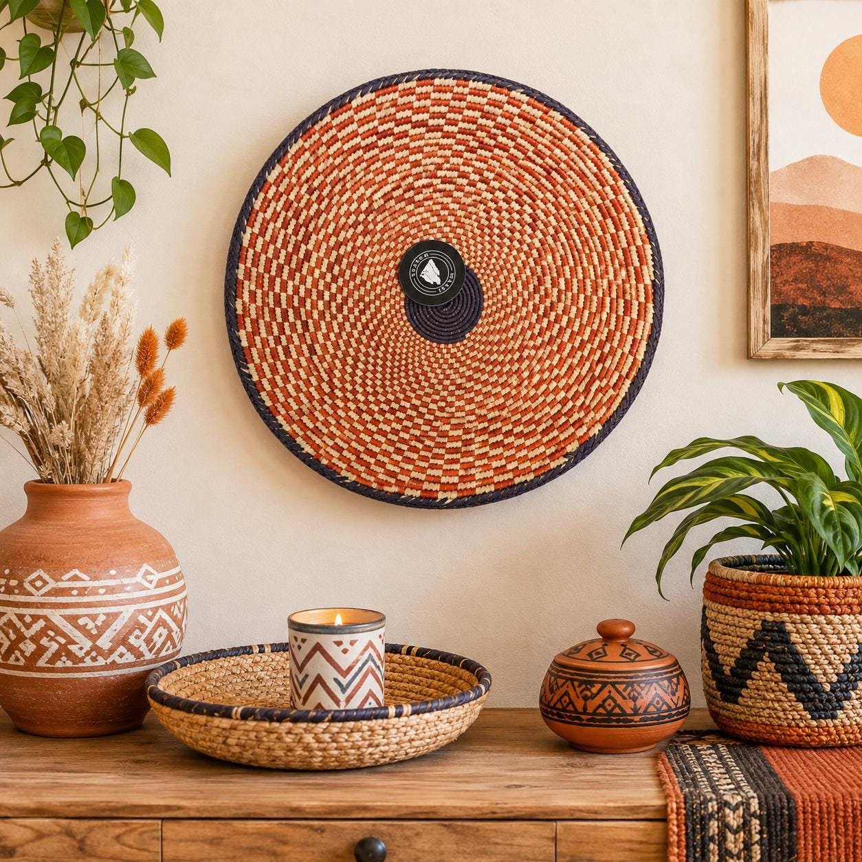 Handwoven African Wall Basket 14 Inch, Terracotta Cream Woven Basket, Boho Wall Decor, Fruit Bowl, Decorative Tray, Rustic Home Decor