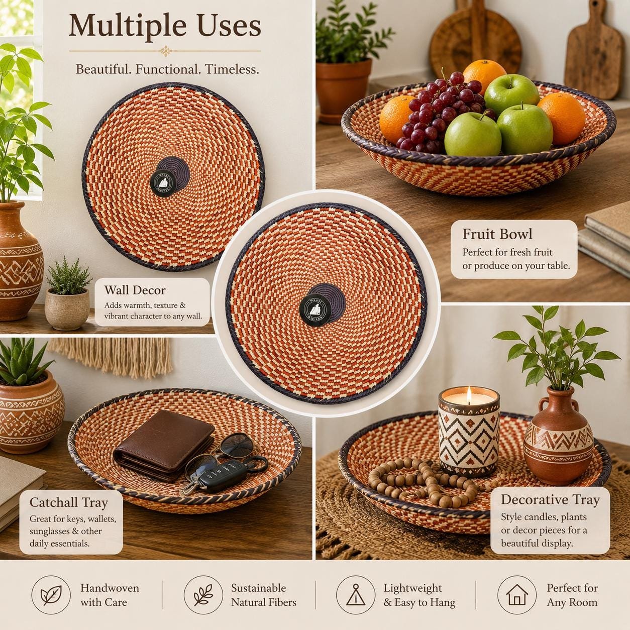 Handwoven African Wall Basket 14 Inch, Terracotta Cream Woven Basket, Boho Wall Decor, Fruit Bowl, Decorative Tray, Rustic Home Decor - Image 3