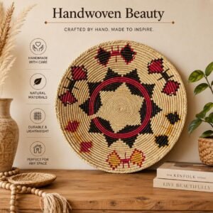 Handwoven Wall Basket 14 Inch | Pink Black Natural Woven Wall Decor | Boho Raffia Basket | Geometric Wall Art | Colorful Home Decor
