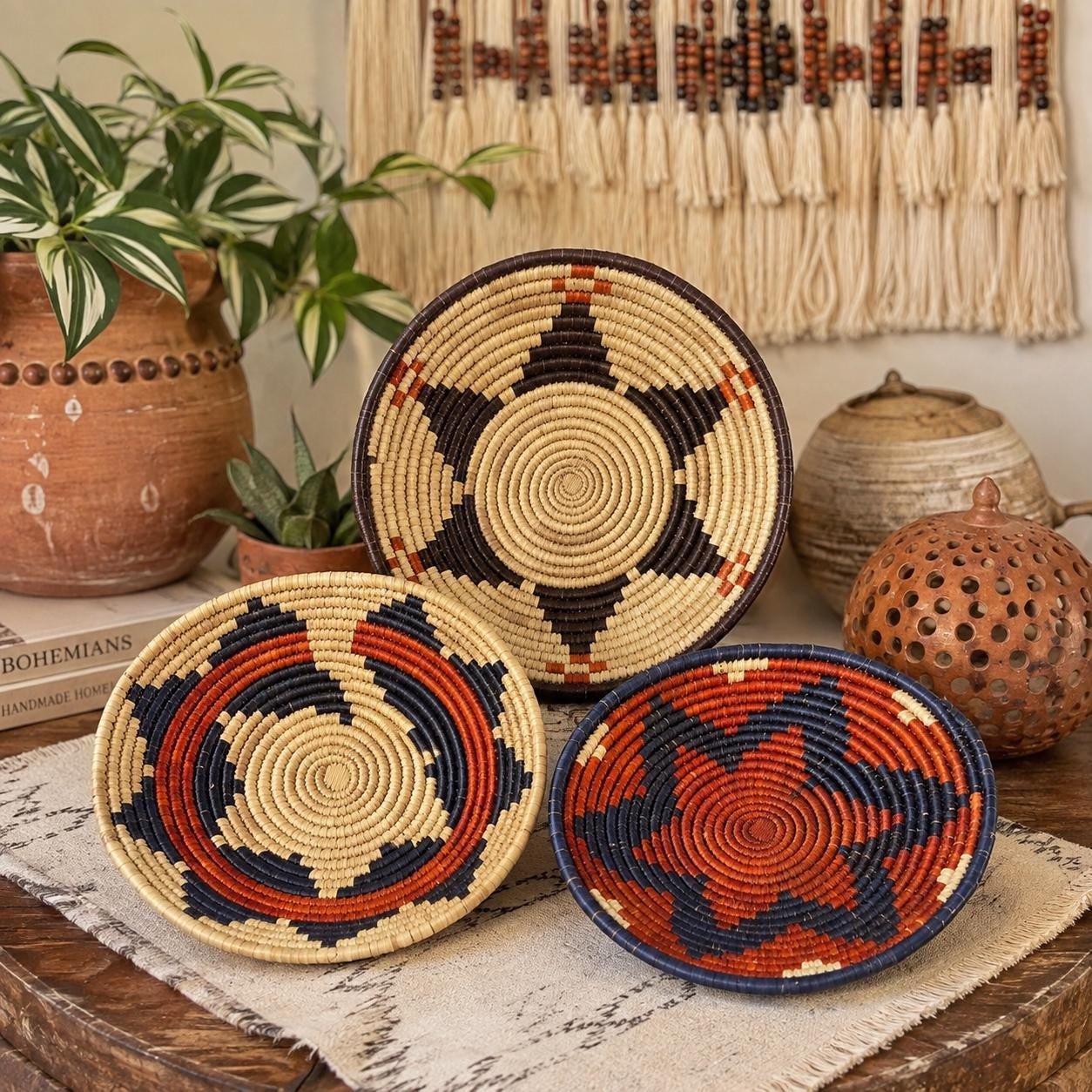 Set of 3 Handwoven Wall Baskets 8 Inch | Boho Woven Wall Decor | Terracotta Navy Cream Basket Set | Eclectic Gallery Wall Art - Image 2