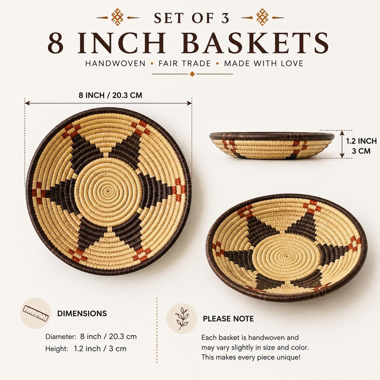 Set of 3 Handwoven Wall Baskets 8 Inch | Boho Woven Wall Decor | Terracotta Navy Cream Basket Set | Eclectic Gallery Wall Art - Image 4