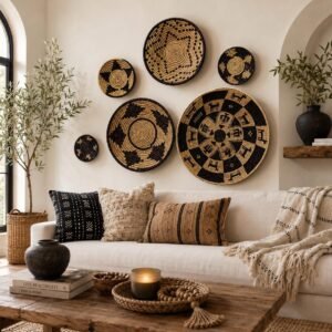 Espresso Star Collection Set of 6 Handwoven Wall Baskets Black Brown Cream Assorted Sizes Woven Wall Decor Boho Home Decor
