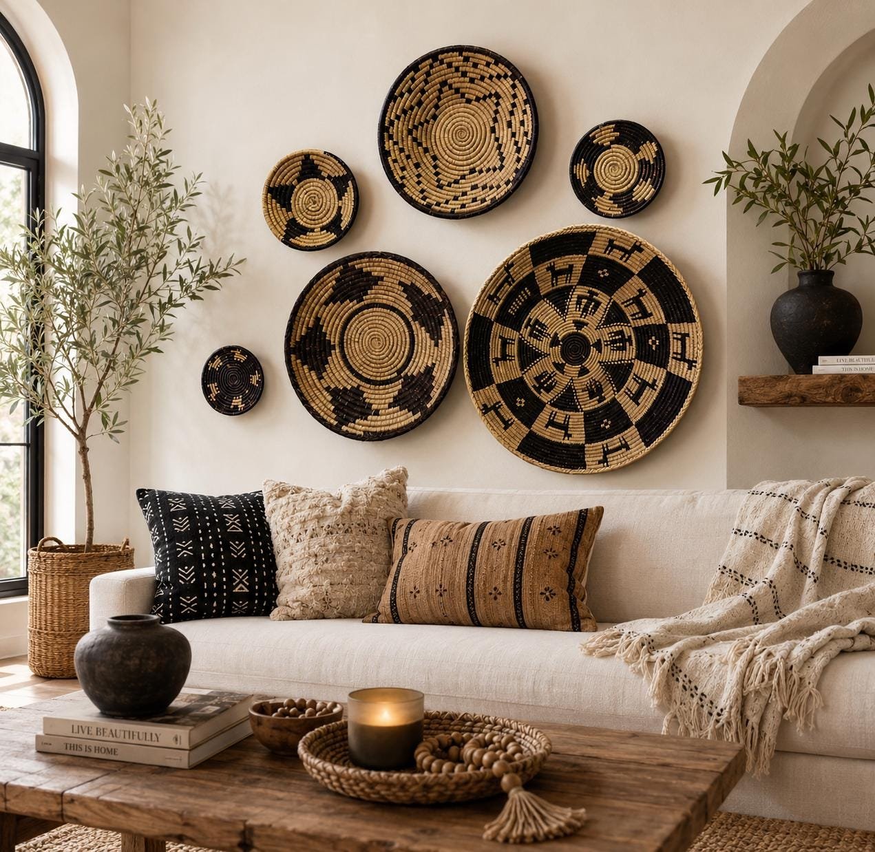 Espresso Star Collection Set of 6 Handwoven Wall Baskets Black Brown Cream Assorted Sizes Woven Wall Decor Boho Home Decor