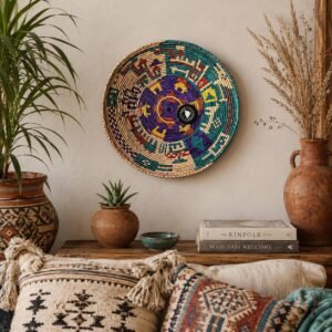 Colorful Woven Wall Basket 14 Inch, Boho Eclectic Wall Decor, African Basket Wall Art, Turquoise Purple Woven Basket, Southwestern Home Deco