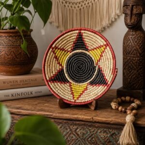 8 Inch Handwoven Wall Basket, Red Black & Yellow Boho Wall Decor, Colorful Woven Basket Wall Art, Eclectic Home Decor