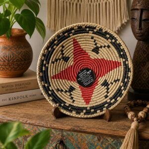 8 Inch Handwoven Wall Basket, Natural Cream & Rust Boho Wall Decor, Woven Basket Wall Art, Rustic Eclectic Home Decor