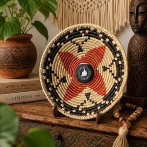 8 Inch Handwoven Wall Basket, Natural Cream & Rust Boho Wall Decor, Woven Basket Wall Art, Rustic Eclectic Home Decor