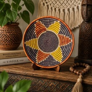8 Inch Handwoven Wall Basket, Mustard Yellow Rust & Charcoal Boho Wall Decor, Colorful Woven Basket Wall Art, Eclectic Home Decor