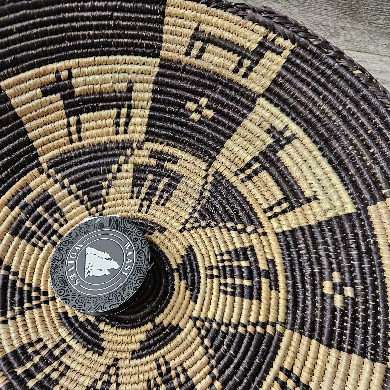 Onyx Compass 14 Inch Woven Wall Basket, Black Cream Radial Geometric Pattern, Handwoven Palm Fiber Boho Wall Decor, Fair Trade Gift - Image 2