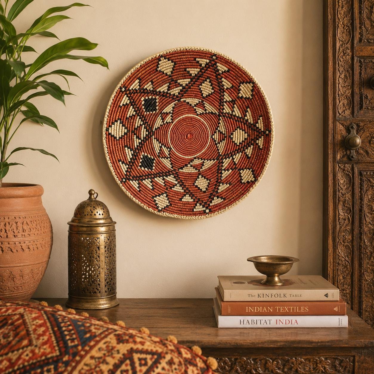 Copper Diamond 14" approximate Boho Wall Decor, Rust Black Checkered Wall Basket, Bohemian Wall Art Home Decor Southwest African