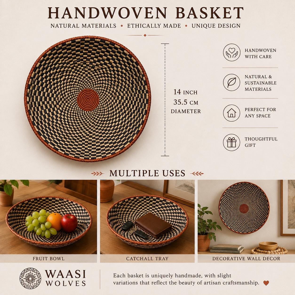 Slate Coral 13" Handwoven Boho Wall Basket, Navy Terracotta Spiral Wall Decor, African Wall Basket Bohemian Wall Art Home Decor - Image 2