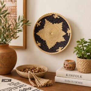 Handwoven Black & Natural Basket 8 Inch | African Inspired Woven Wall Decor | Boho Decorative Bowl | Handmade Catchall Basket