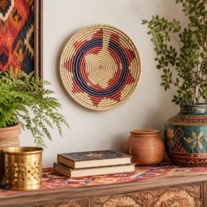 8 Inch Handwoven Wall Basket, Terracotta Rust green & Natural Cream Boho Wall Decor, Woven Basket Wall Art, Earthy Eclectic Home Decor