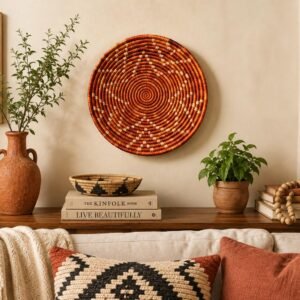 Handwoven Rust & Natural Basket 8 Inch | Boho Woven Wall Decor | African Inspired Decorative Bowl | Terracotta Catchall Basket