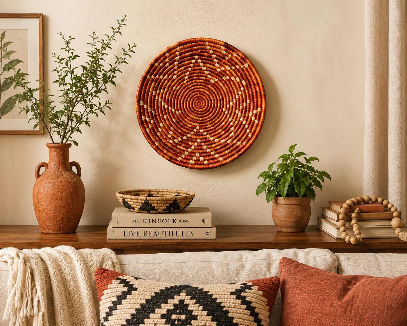 Handwoven Rust & Natural Basket 8 Inch | Boho Woven Wall Decor | African Inspired Decorative Bowl | Terracotta Catchall Basket