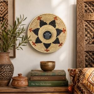 Umber Cross 8" Handwoven Wall Basket, Cream Brown Rust Star Pattern, Woven Wall Decor, Boho Home Decor, Fair Trade Gift