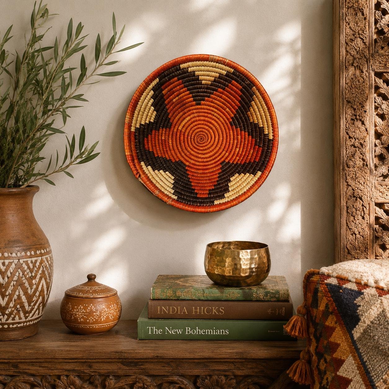 Terracotta Ember 8" Handwoven Wall Basket, Brown Cream Rust Pattern, Woven Wall Decor, Boho Home Decor, Fair Trade Gift