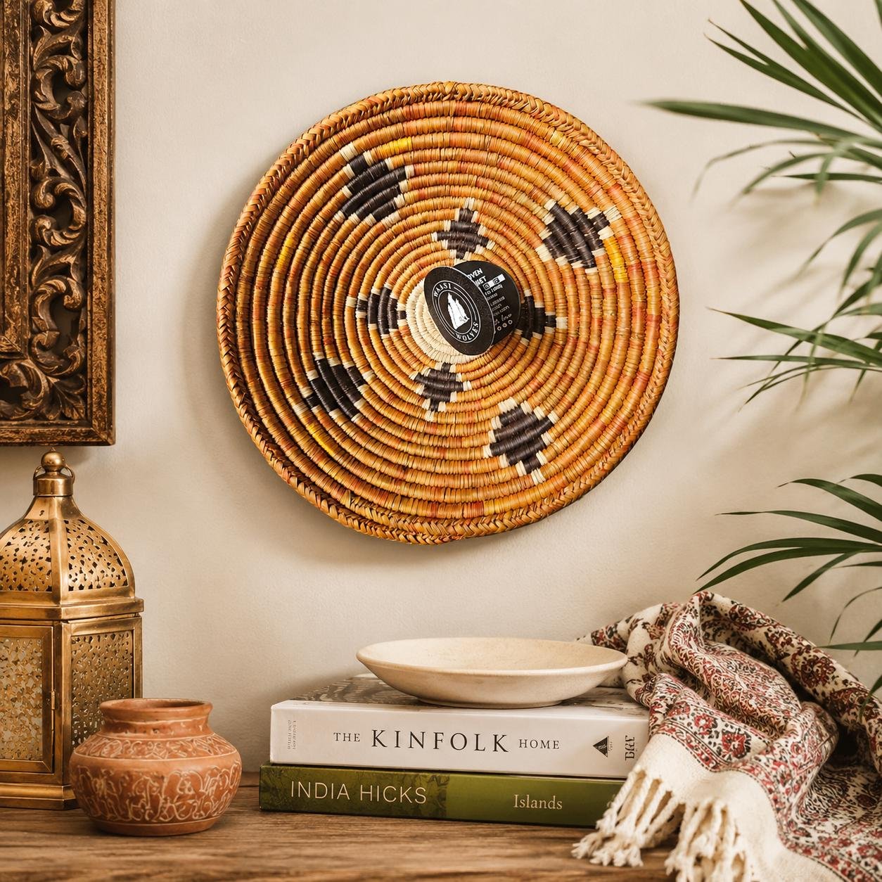 Honey Diamond 8" Handwoven Wall Basket, Gold Brown Diamond Pattern, Woven Wall Decor, Boho Home Decor, Fair Trade Gift
