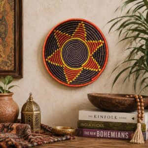 Plum Sunburst 8" Handwoven Wall Basket, Purple Orange Yellow Star Pattern, Woven Wall Decor, Boho Home Decor, Fair Trade Gift