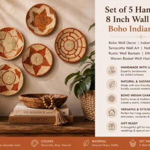 Desert Mosaic Wall Basket Set of 5| Handwoven Boho Southwestern Decor, Rust orange terracotta & Natural 10 inches