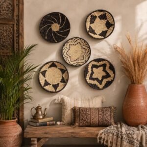 Desert Mosaic Wall Basket Set of 5| Handwoven Boho Southwestern Decor, black, brown & Natural 10 inches