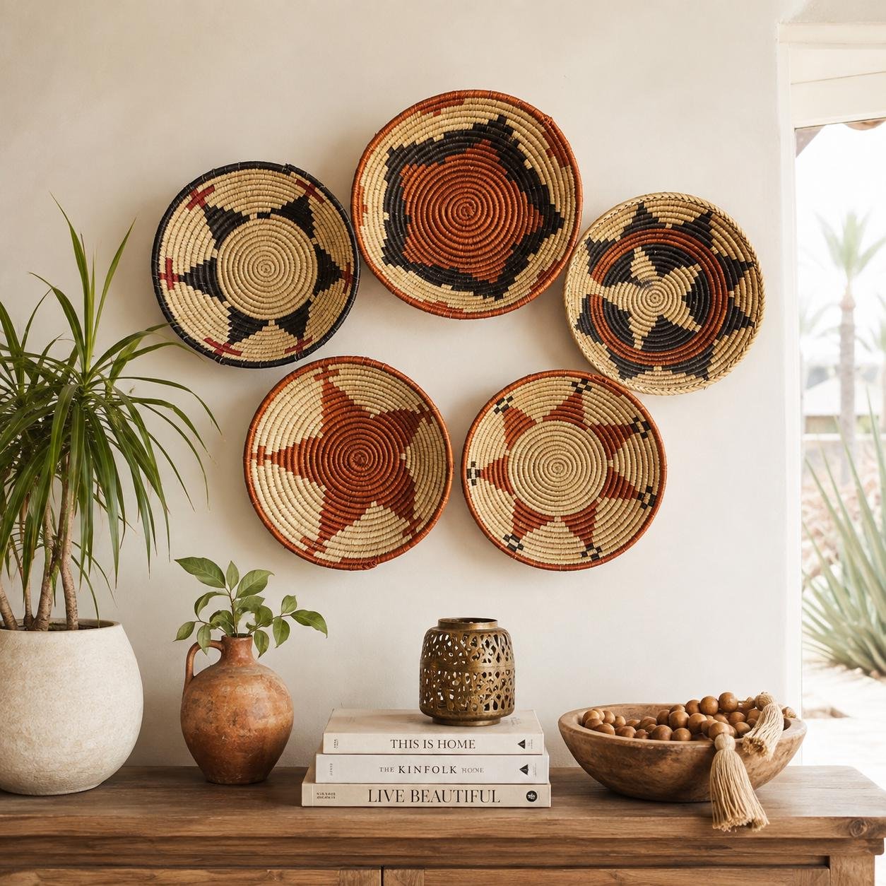 Desert Mosaic Wall Basket Set of 5| Handwoven Boho Southwestern Decor, rust black, brown & Natural 10 inches