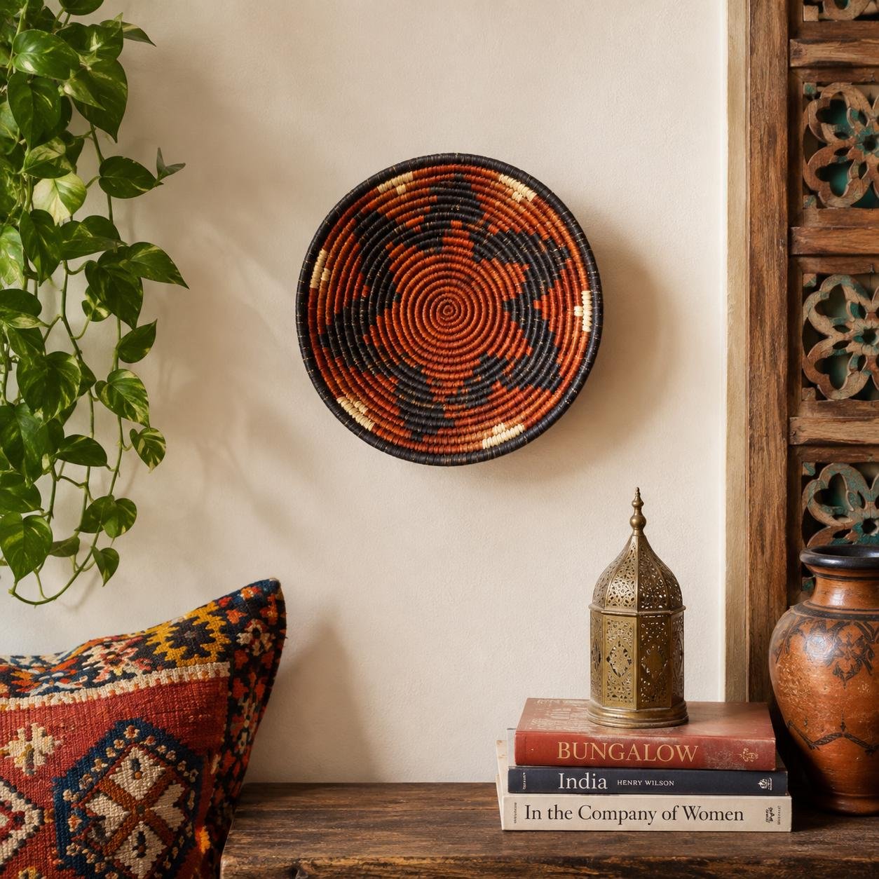 Terracotta Ember 8" Handwoven Wall Basket, Brown Cream Rust Pattern, Woven Wall Decor, Boho Home Decor, Fair Trade Gift - Image 5