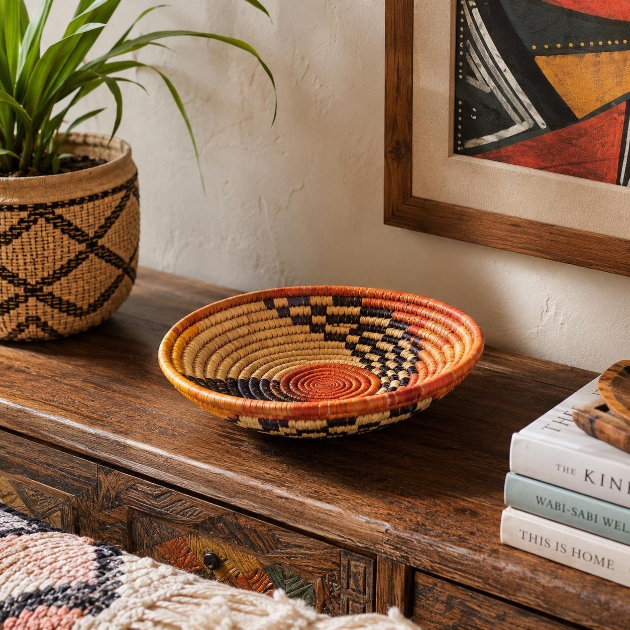 Handwoven 8 Inch Woven Basket | Terracotta Navy Natural Boho Decor | Small Decorative Bowl | African Inspired Basket | Shelf & Table Decor - Image 2