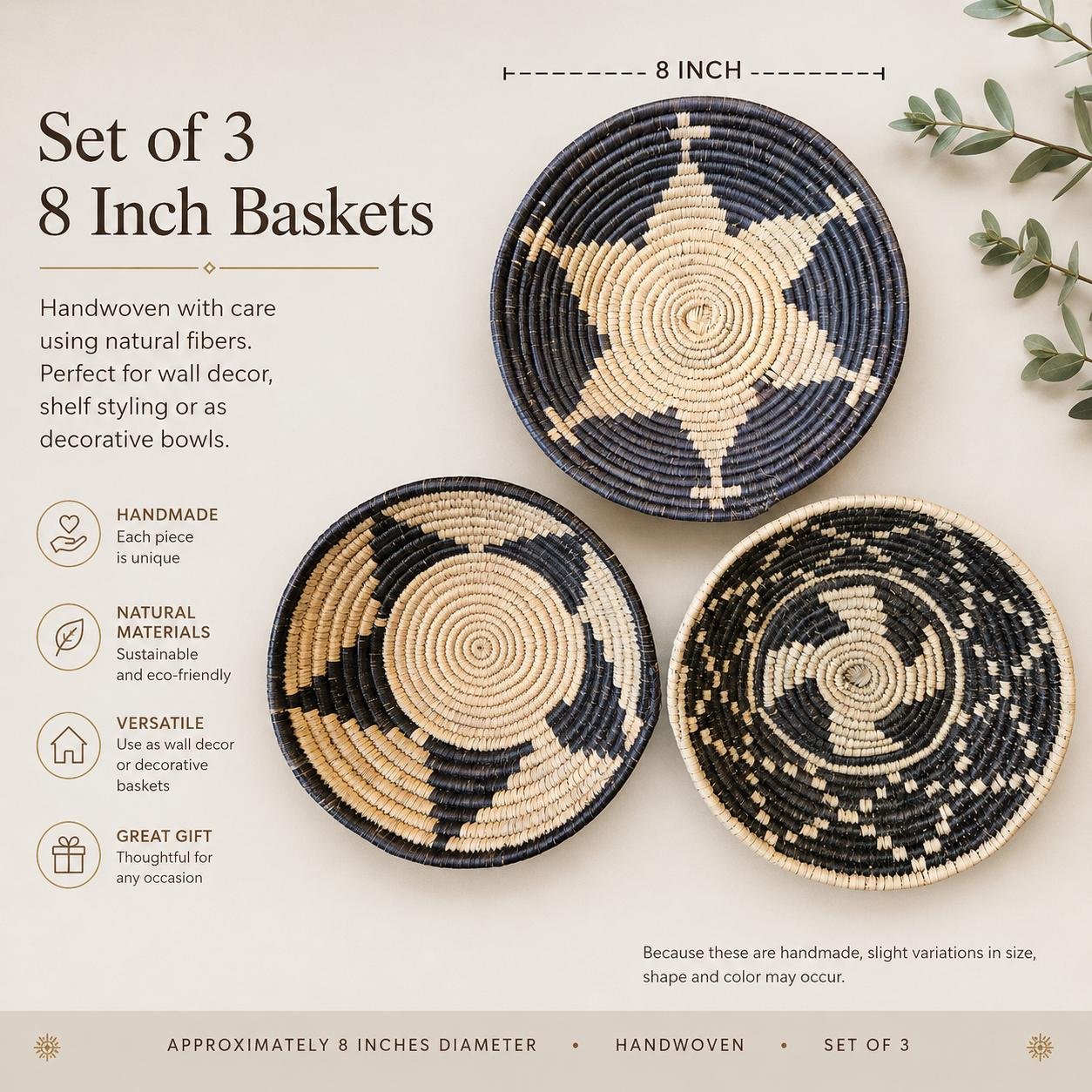 Obsidian Star Set of 3 10 Inch Handwoven Boho Wall Decor Black Tan Star Bohemian Wall Art Home Decor - Image 2