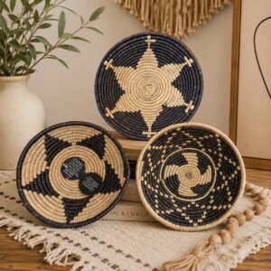 Obsidian Star Set of 3 10 Inch Handwoven Boho Wall Decor Black Tan Star Bohemian Wall Art Home Decor