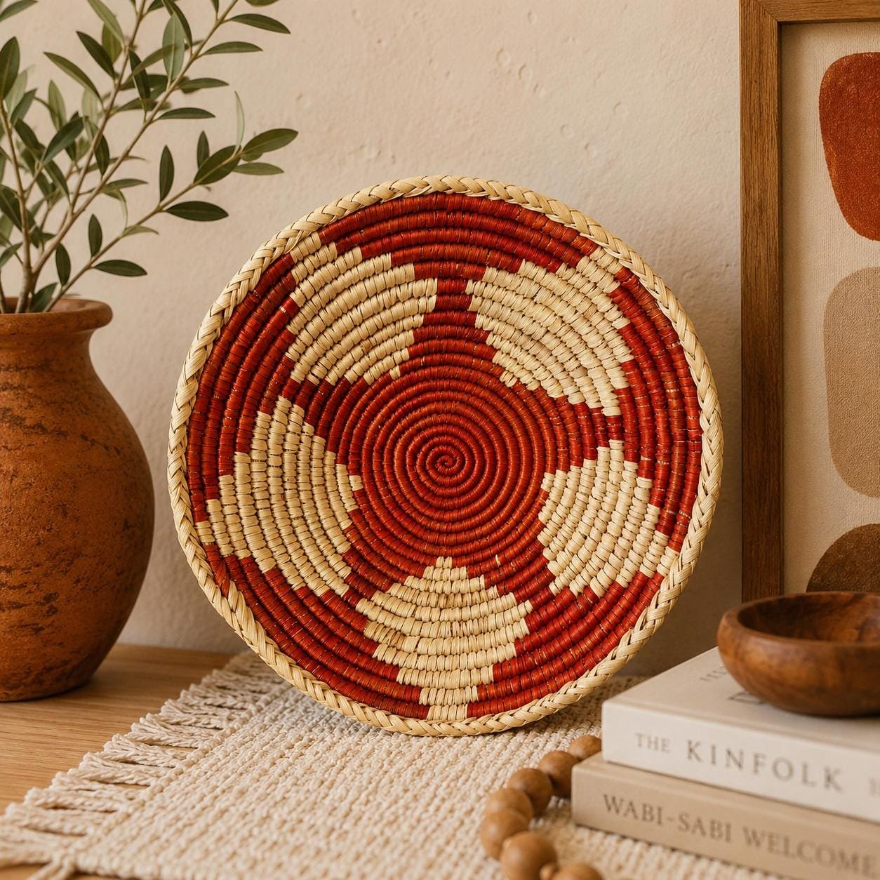 Handwoven Wall Basket 8 Inch | Terracotta Red & Natural Woven Basket | Boho African Inspired Wall Decor | Rustic Woven Wall Hanging