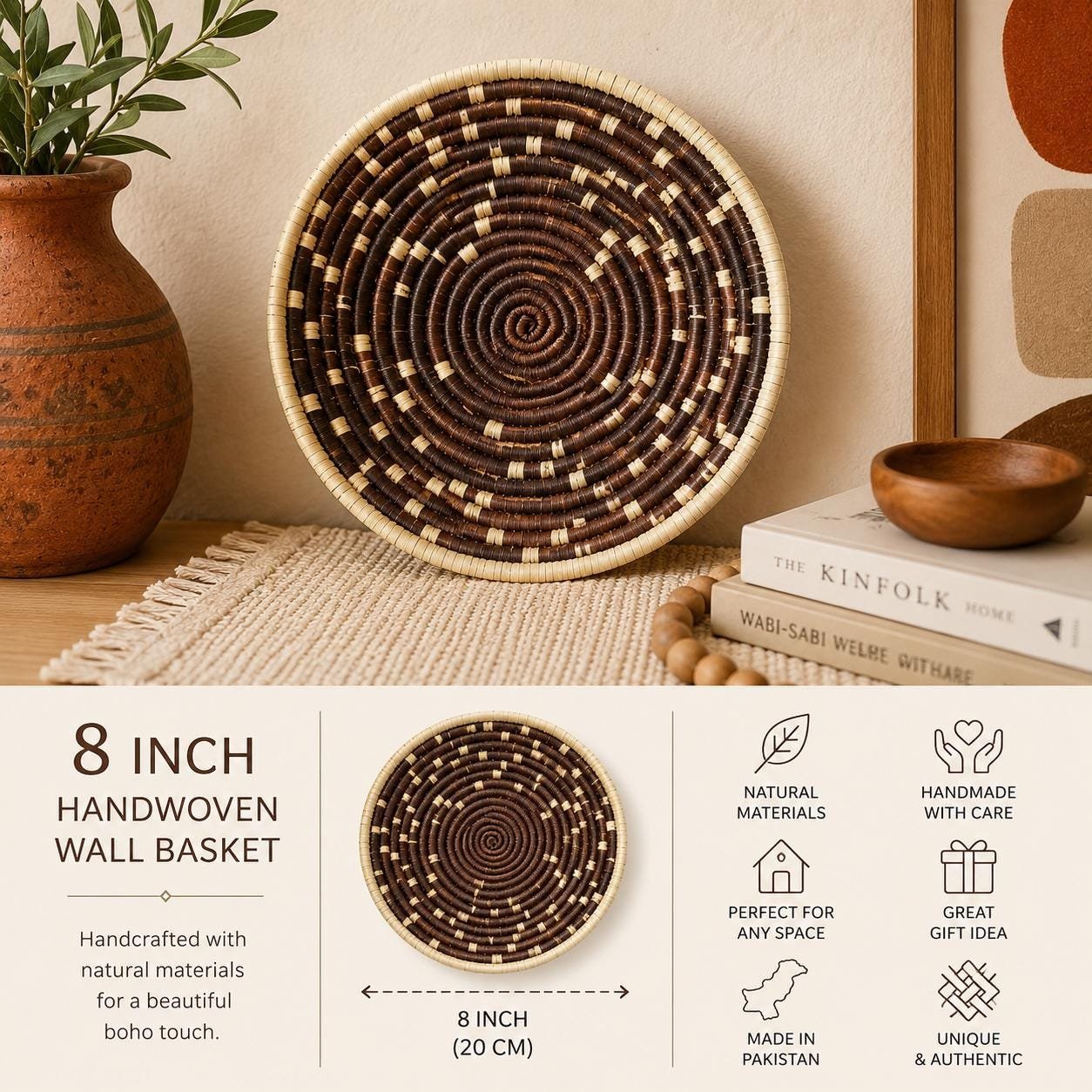 Handwoven 8 Inch Woven Basket | Brown & Natural Boho Wall Decor | African Inspired Basket | Decorative Fruit Bowl Catchall - Image 3