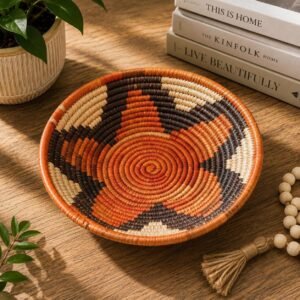Handwoven 8 Inch Basket | Terracotta Brown & Cream Woven Bowl | Boho Wall Decor | African Inspired Decorative Basket