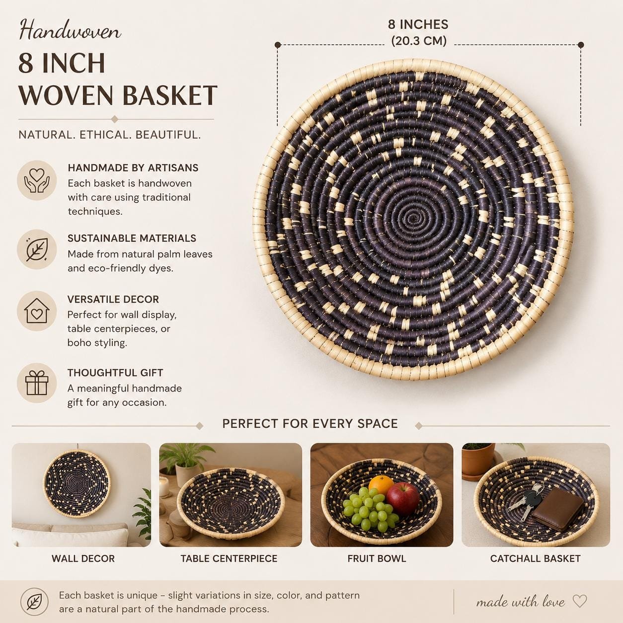 Handwoven 8 Inch Woven Basket | Dark Brown & Natural Boho Wall Decor | Small Decorative Bowl | African Inspired Basket - Image 3