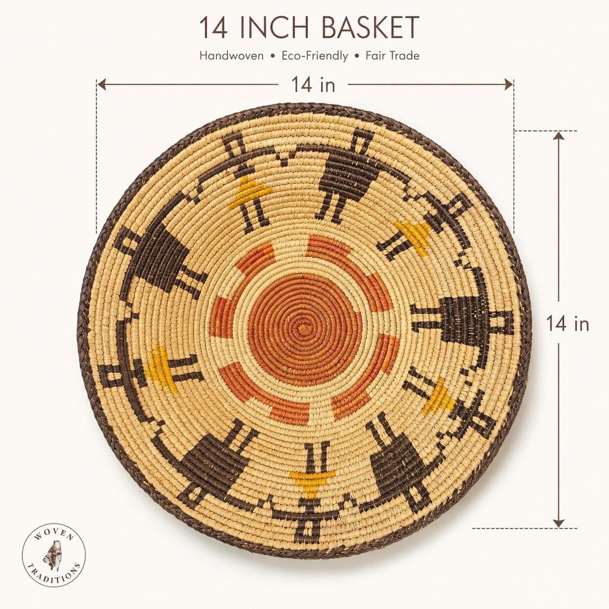 Handwoven 14 Inch Wall Basket | Rust Brown & Natural Woven Basket | Geometric Boho Wall Decor | African Inspired Basket Wall Art - Image 2