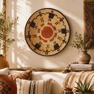 Handwoven 14 Inch Wall Basket | Rust Brown & Natural Woven Basket | Geometric Boho Wall Decor | African Inspired Basket Wall Art