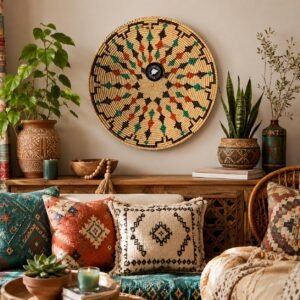 Handwoven 14 Inch Wall Basket | Teal Rust & Brown Woven Wall Decor | Geometric Boho Basket Wall Art | African Inspired Home Decor