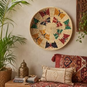14 Inch Handwoven Wall Basket, Rust Mustard & Green Boho Woven Wall Decor