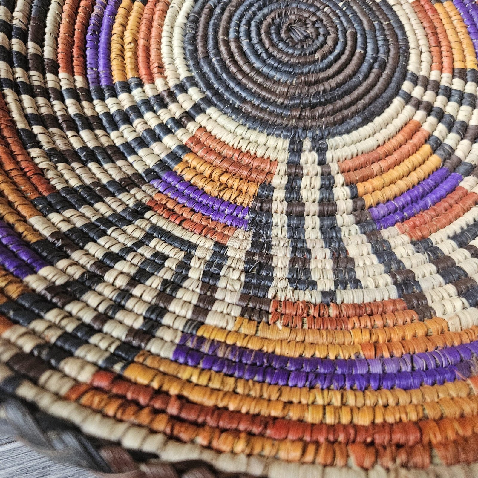 14" Handwoven Wall Basket, Violet Spectrum Purple & Rust Geometric Pattern | Boho Wall Decor, Fair Trade Gift - Image 3