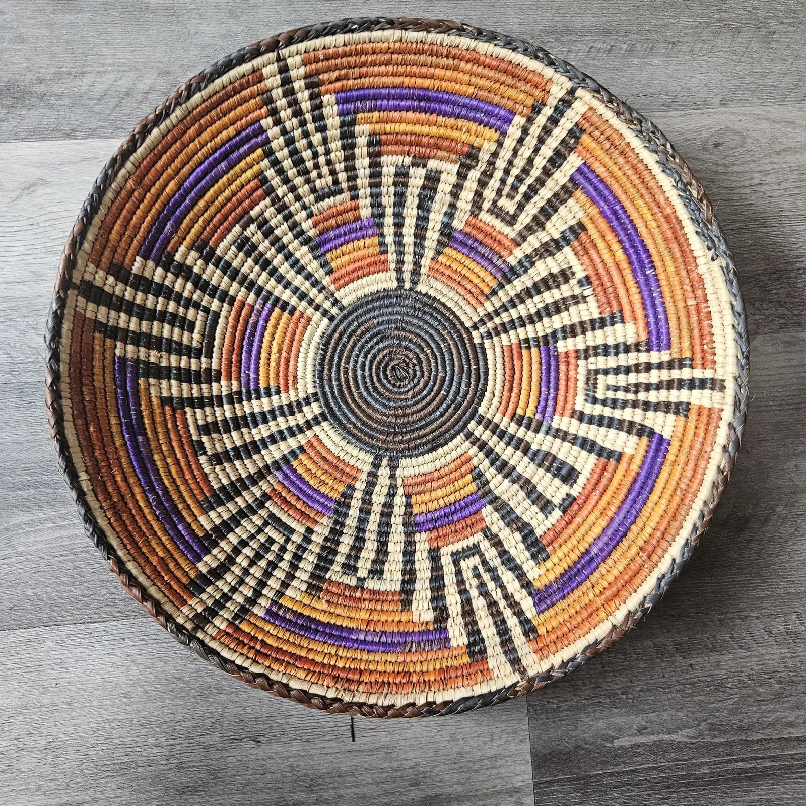 14" Handwoven Wall Basket, Violet Spectrum Purple & Rust Geometric Pattern | Boho Wall Decor, Fair Trade Gift - Image 4