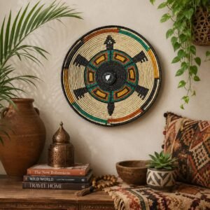 14" Handwoven Wall Basket, Teal Compass Multicolor Geometric Pattern | Boho Wall Decor, Fair Trade Gift
