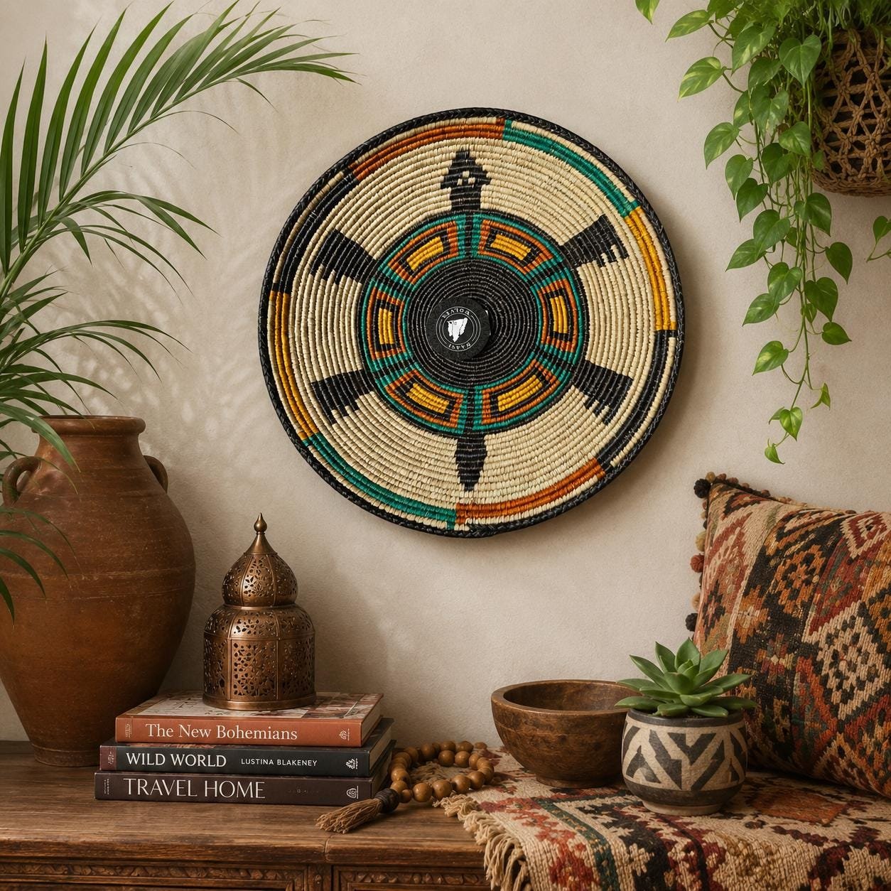 14" Handwoven Wall Basket, Teal Compass Multicolor Geometric Pattern | Boho Wall Decor, Fair Trade Gift
