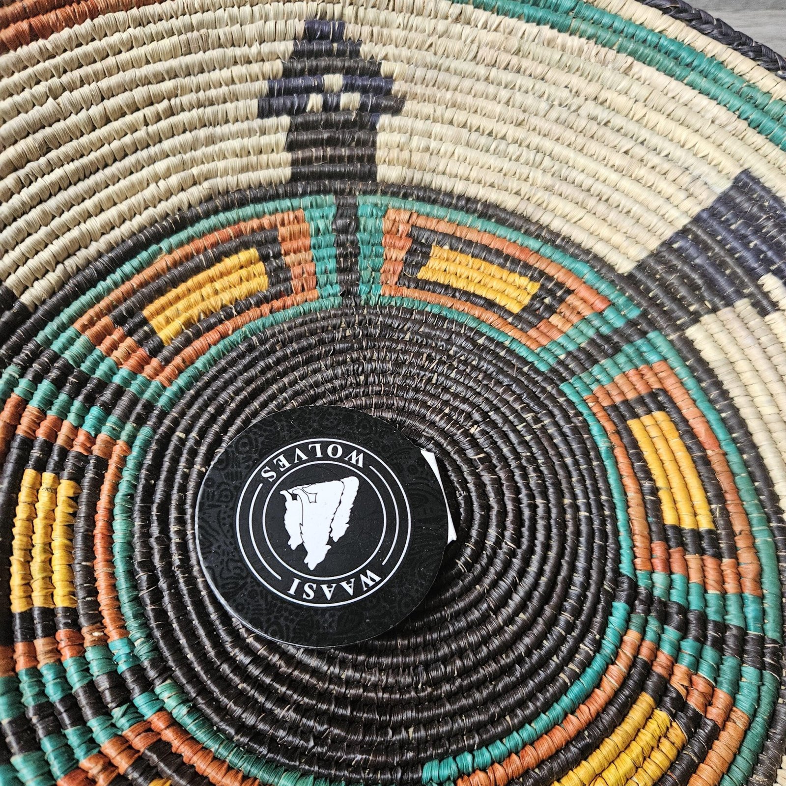 14" Handwoven Wall Basket, Teal Compass Multicolor Geometric Pattern | Boho Wall Decor, Fair Trade Gift - Image 2
