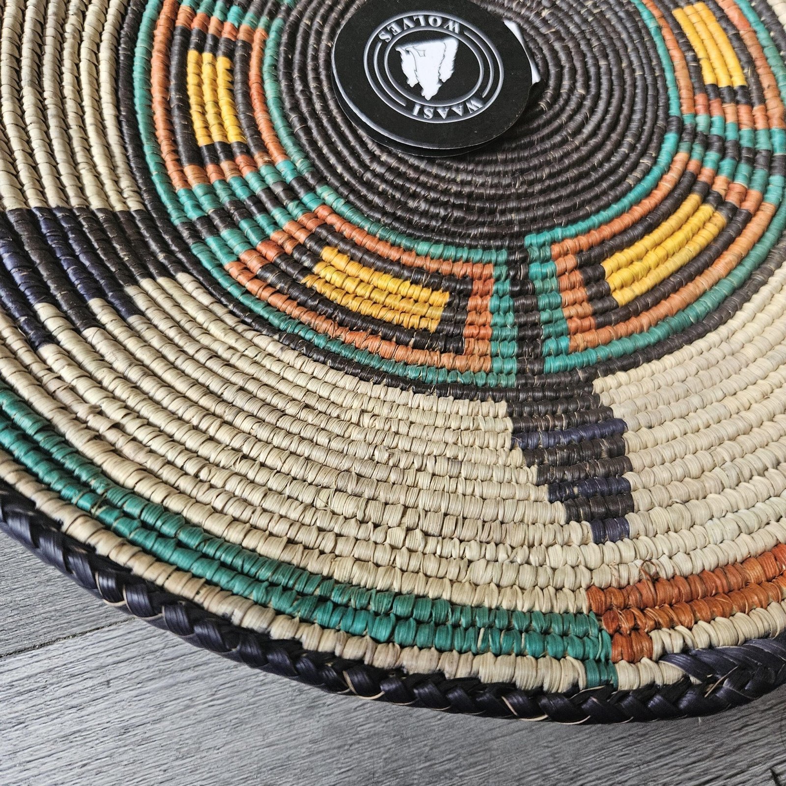 14" Handwoven Wall Basket, Teal Compass Multicolor Geometric Pattern | Boho Wall Decor, Fair Trade Gift - Image 3