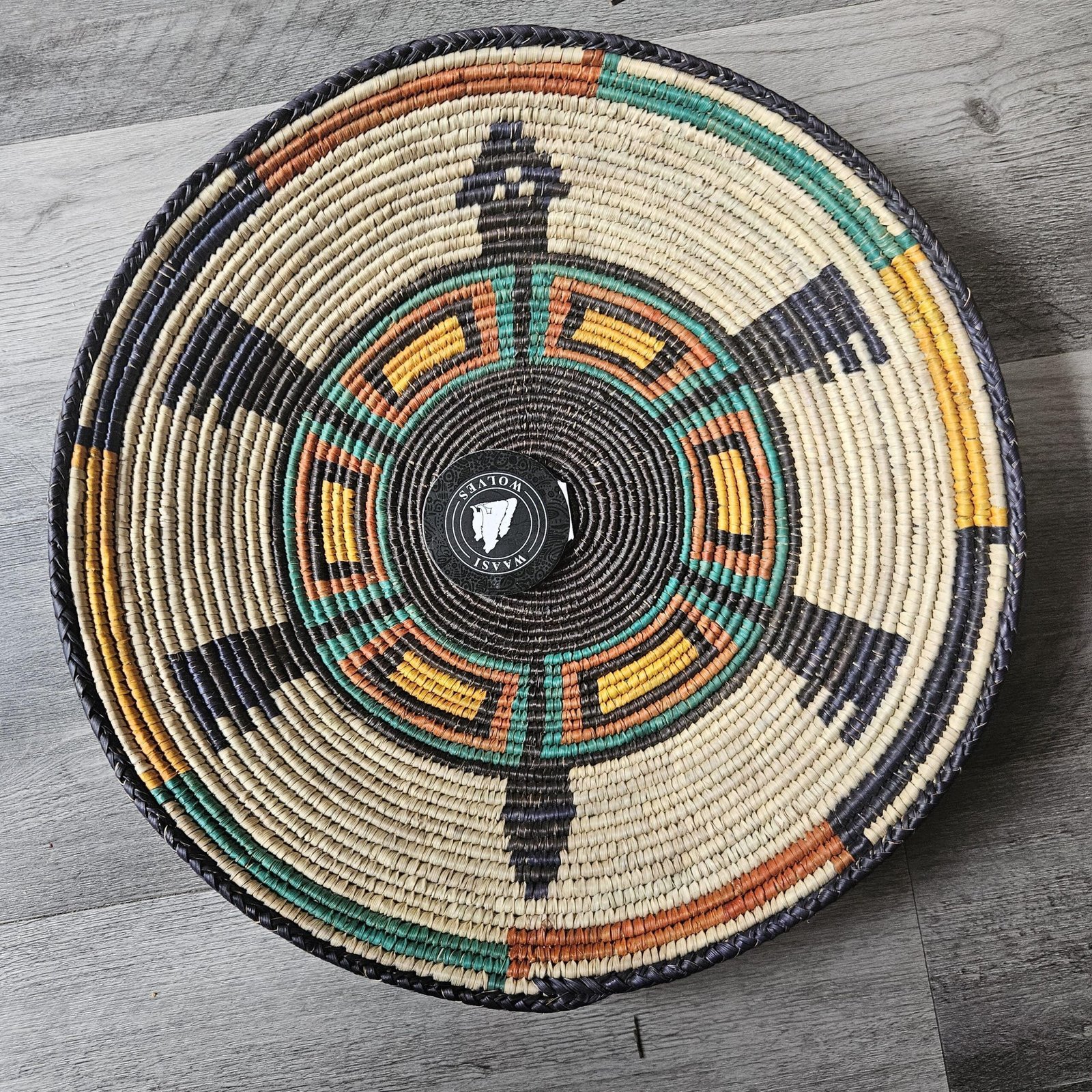 14" Handwoven Wall Basket, Teal Compass Multicolor Geometric Pattern | Boho Wall Decor, Fair Trade Gift - Image 4
