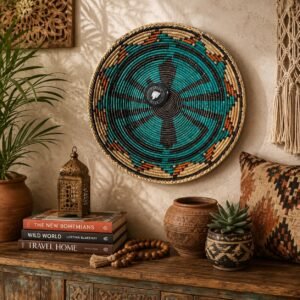 14" Handwoven Wall Basket, Turquoise Pinwheel Black & Rust Accent Pattern | Boho Wall Decor, Fair Trade Gift