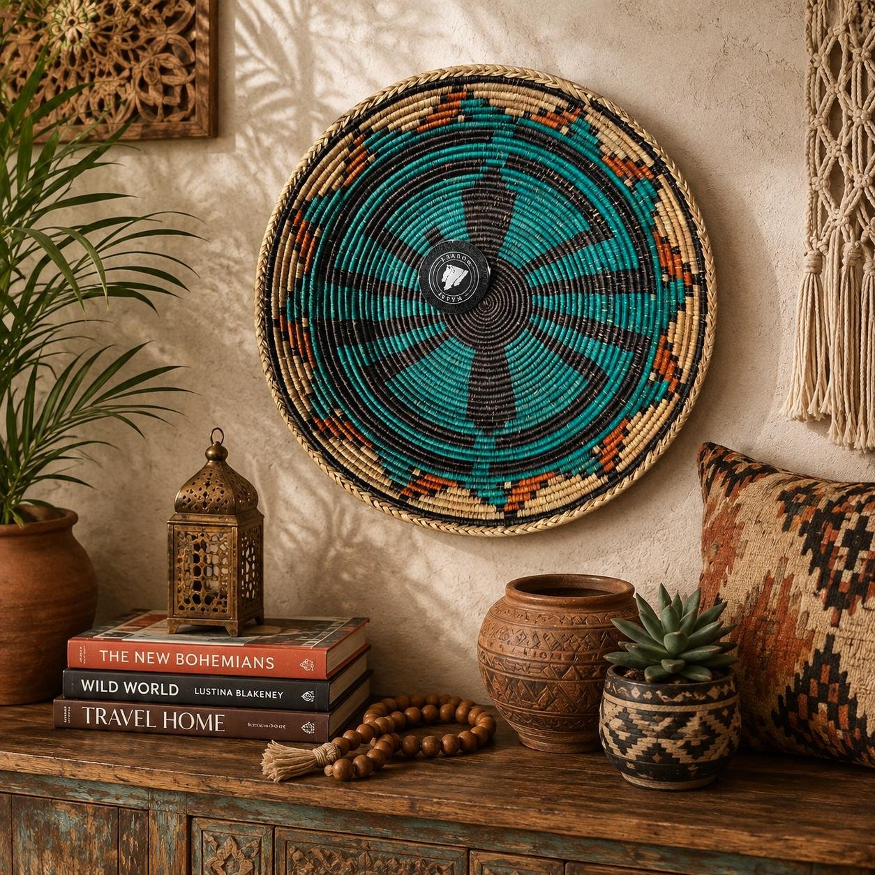 14" Handwoven Wall Basket, Turquoise Pinwheel Black & Rust Accent Pattern | Boho Wall Decor, Fair Trade Gift